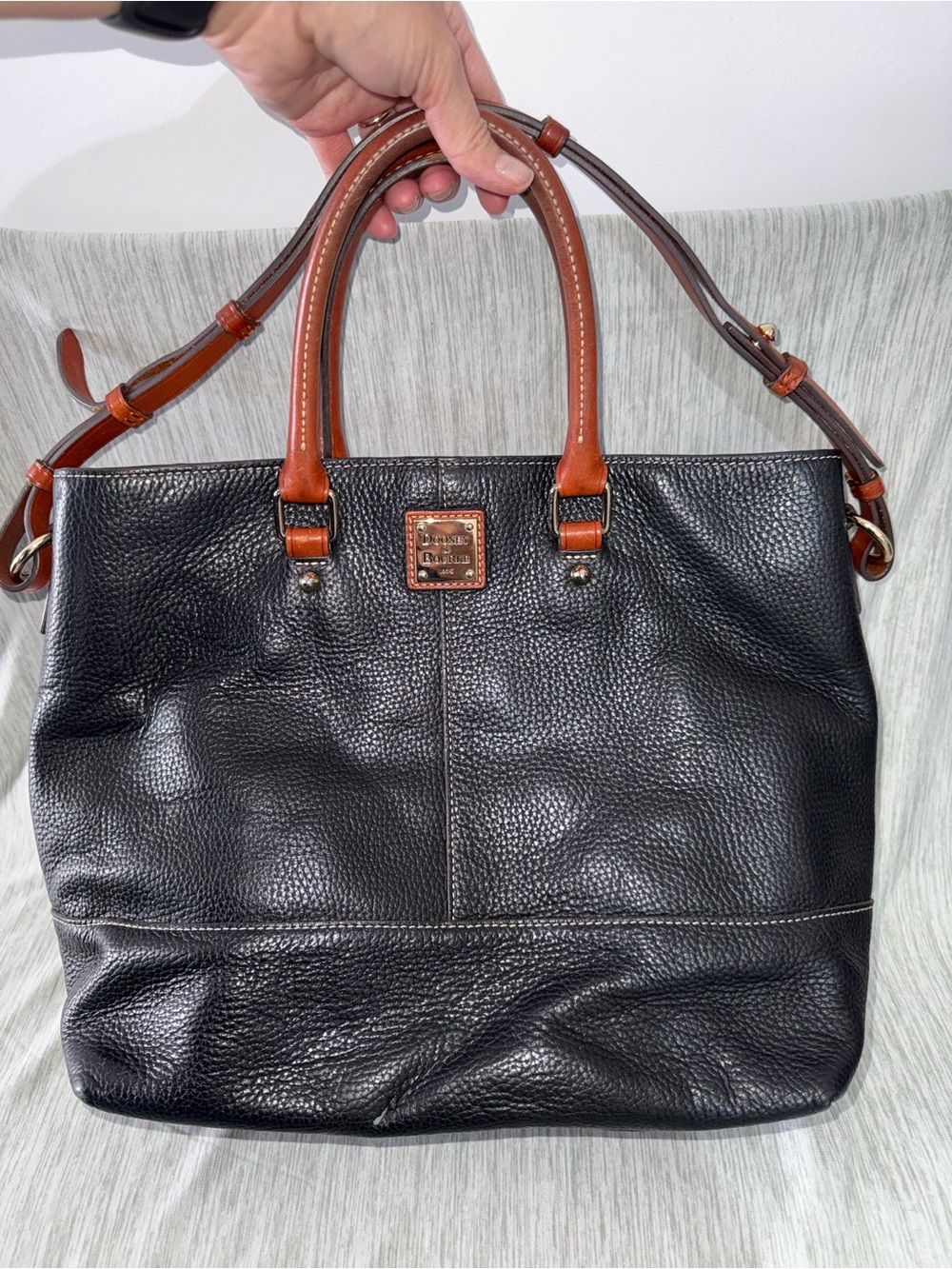 Dooney & Bourke Black Pebbled Leather Tote with Brown Trim and Strap - Picture 3 of 11
